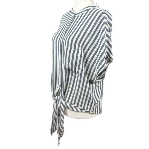 NEW Lulus Womens M Blue White Vertical Stripe Button-Up Tie Front Tunic Top Chic - Picture 5 of 10
